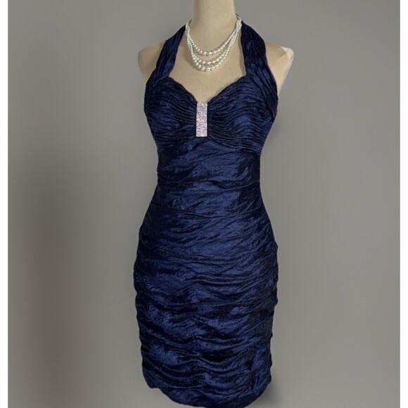 Cachet Dresses & Skirts - Vintage Cachet Navy Rhinestone Halter Ruched Cocktail Evening Dress Size 6 Glam